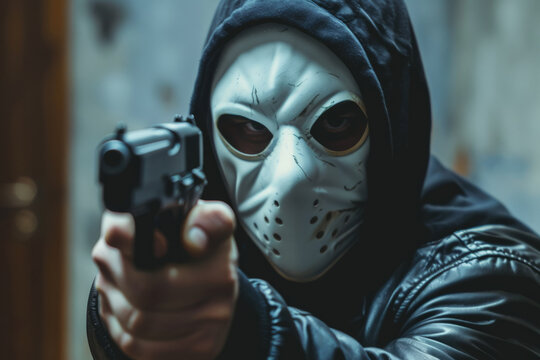Masked man with gun in a holdup scenario. Generative AI
