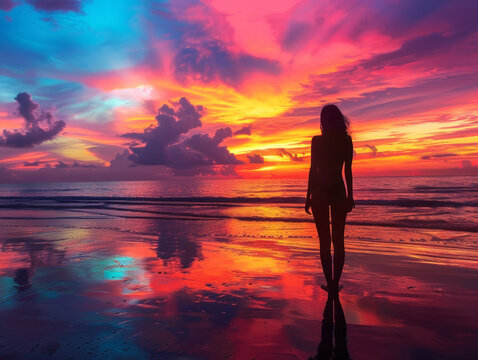 Silhouette di una donna sulla spiaggia, donna  che guarda il cielo al tramonto sulla spiaggia