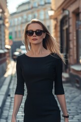 business woman in a black dress on a city street wearing sunglasses Generative AI