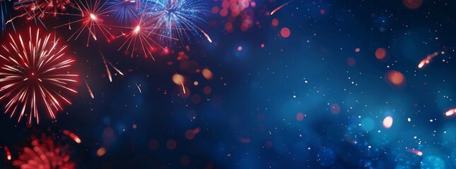 Fototapeta premium Fireworks in the night sky, red white and blue colors, large copy space at top of banner for text or logo Generative AI