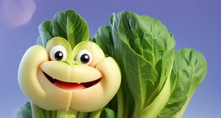 A cartoon character made out of vegetables, specifically bok choy. - obrazy, fototapety, plakaty