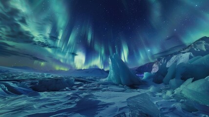 dream where twilight zone where the northern lights fill the entire sky, illuminating an icy landscape below