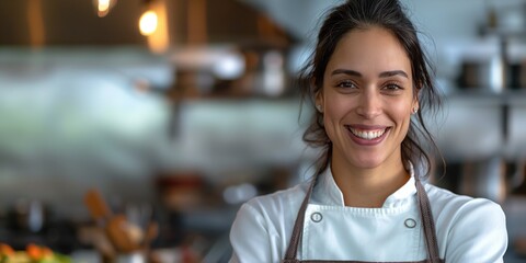 Latin woman Chef in work place background, copy space
