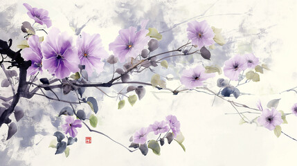 Ethereal Watercolor of Purple Blooming Branch with Chinese Seal