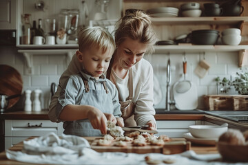 Mother and Toddler Making Cookies in Cozy Kitchen