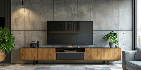 minimalist interior with TV and armchair Generative AI - obrazy, fototapety, plakaty