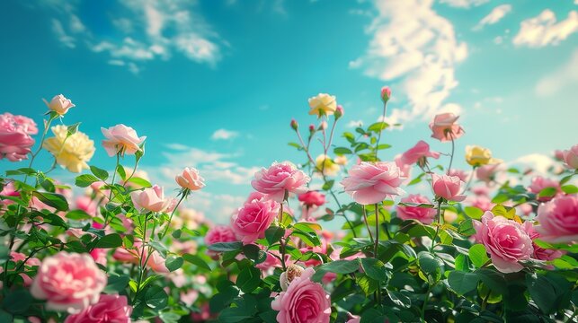 Landscape photo of pink, white, yellow, and green rose garden and blue sky, wide-angle lens