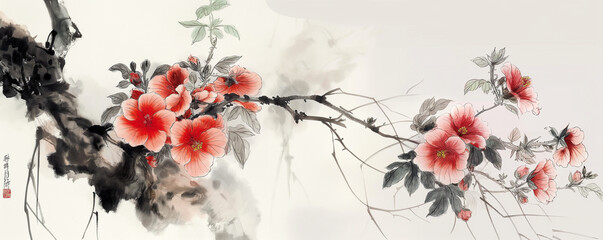 Elegant Traditional Chinese Peony Ink Wash Painting