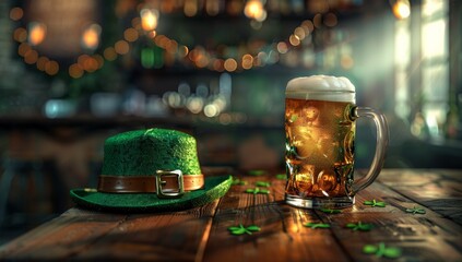 St. Patrick's Day Beer Mug with Festive Green Hat, Copy Space - obrazy, fototapety, plakaty