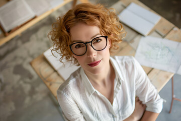 Cute German Project Manager Young Womann in her 40s with Very Short Curly Copperblonde Hair and Brown Eyes