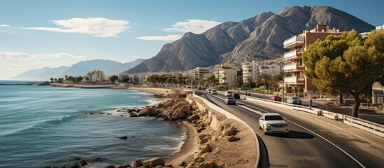 beautiful Albir town with main boulevard promenade, seaside beach and Mediterranean sea