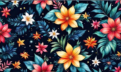 Fototapeta premium Vibrant flower painting set against dark backdrop. Bright colors of flowers pop out, creating visually appealing, captivating piece of artwork. For art, creative projects, fashion, style, magazines.