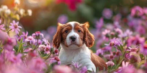 puppies on a floral background Generative AI