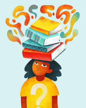 Girl with dark hair holds books on her head