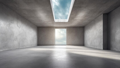 Empty room interior with concrete walls, grey floor with light and soft skylight from window. Background with copy-space