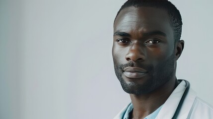 black man doctor in a white coat with a sweet smile against the background of a hospital ward. The...
