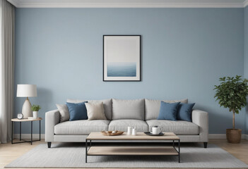 home living room, sofa, coffee table, Simple and clean background wall, bright picture, Blue-gray tone, eye level
