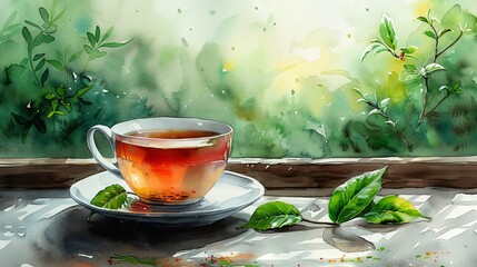 Tea cup with green leaves