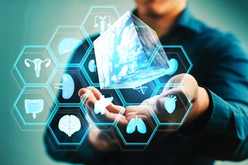 A man is holding a cube with a bunch of medical symbols on it. The cube is surrounded by a grid of symbols, including a heart, a brain, and a kidney