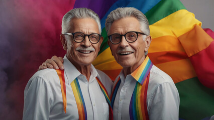 portrait of couple of eldery men celebrating pride month, lgbt march background.