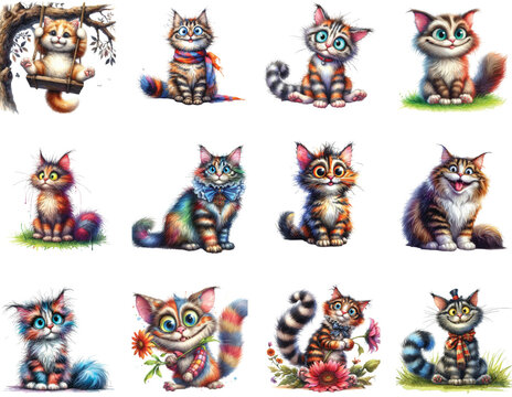 Watercolor Crazy Funny Cats Clipart Bundle