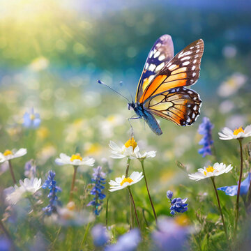 A beautiful picture of a butterfly flying in a spring flower field