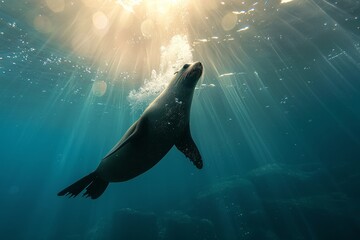 A wild sea lion is diving down from the surface of the ocean making bubbles with sunlight streaming through his ripples above him - Powered by Adobe