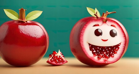 A cartoon image of a smiling pomegranate with a face drawn on it.