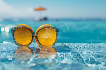 Fototapeta na wymiar Sunglasses with Orange Slices by the Pool: Enjoying a Sunny Summer Day