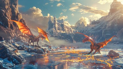 dream with arctic scene with fire instead of ice, and dragons as inhabitants - obrazy, fototapety, plakaty