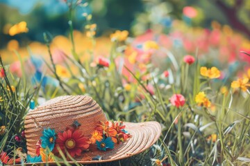 Straw Hat in Blooming Meadow: Summer Floral Landscape