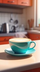 blue cup of coffee with steam on a wooden table in a cozy home atmosphere in a warm light. The concept of home comfort and good morning.