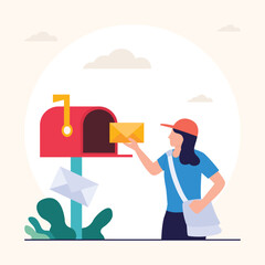 Young woman courier delivering mail flat vector cartoon illustration