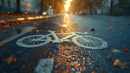 A painted bicycle symbol on a city street at sunrise