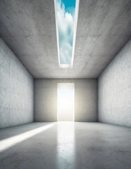 Empty room interior with concrete walls, grey floor with light and soft skylight from window. Background with copy-space