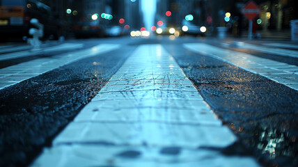 Close-up of a wet crosswalk at night with city lights.
