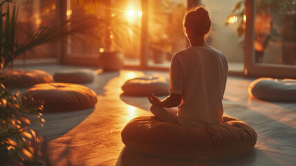 Woman meditating in sunset light
