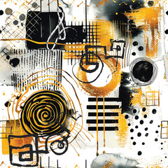 Abstract modern tribal ethnic style geometric hand drawn painted watercolor seamless pattern with spiral, grid, spots, squares, circles, dots, doodle lines. Creative artistic graffiti style pattern