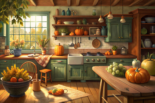 Pumpkin decorations in cozy kitchen with wooden table, space for text