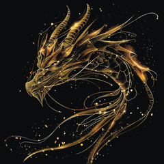 3d Gold glittery flowing lines chinese dragon luxury pattern background illustration with glowing blinking, glitter. Shiny beautiful textured dragon pattern for tattoo, emblem, logo, greeting cards