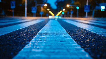 Close-up of a crosswalk at night with street lights.