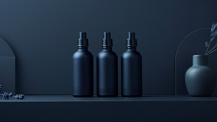 Three black bottles on dark background. - obrazy, fototapety, plakaty