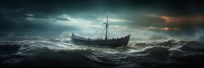 Dramatic Scene of a Lone Sailing Boat on Stormy High Seas - obrazy, fototapety, plakaty