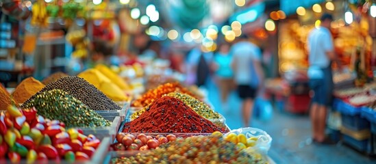 A traditional roadside market with stalls filled with colorful spices. Trade and local cultural wisdom.