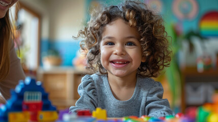 A smiling toddler girl playing with blocks.