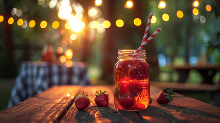 Mason jar with drink and strawberries on table - obrazy, fototapety, plakaty