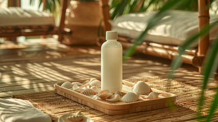 White bottle with seashells on bamboo mat