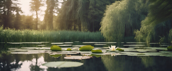 A cinematic still of an idyllic forest lake with lily pads