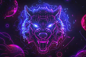 Neon werewolf surrounded by moons isolated on black background.