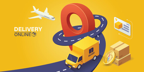 Illustration of online delivery service via mobile application. Online Order Tracking Home and office delivery service.City logistics. Warehouse, truck, forklift, courier, delivery man, on mobile.	
